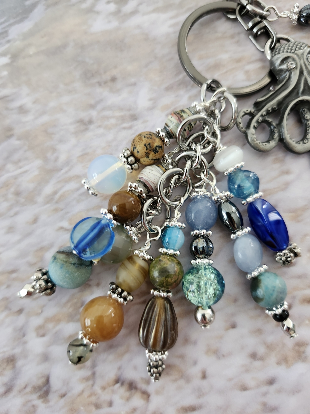 Octopus Purse Charm or Keychain Jasper Agate Aquamarine Handcrafted - Picture 3 of 5
